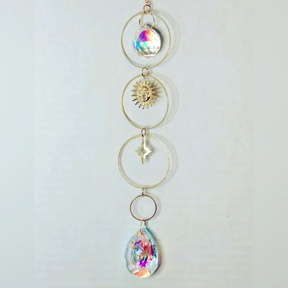 Hanging Gold Crystal Suncatcher Colorful Prism Pendant 16in